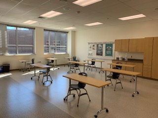 Mrs. Ruoff's room set up with desks spaced for hybrid learning.