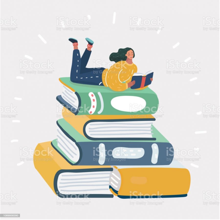 A woman sits on top of stack of books