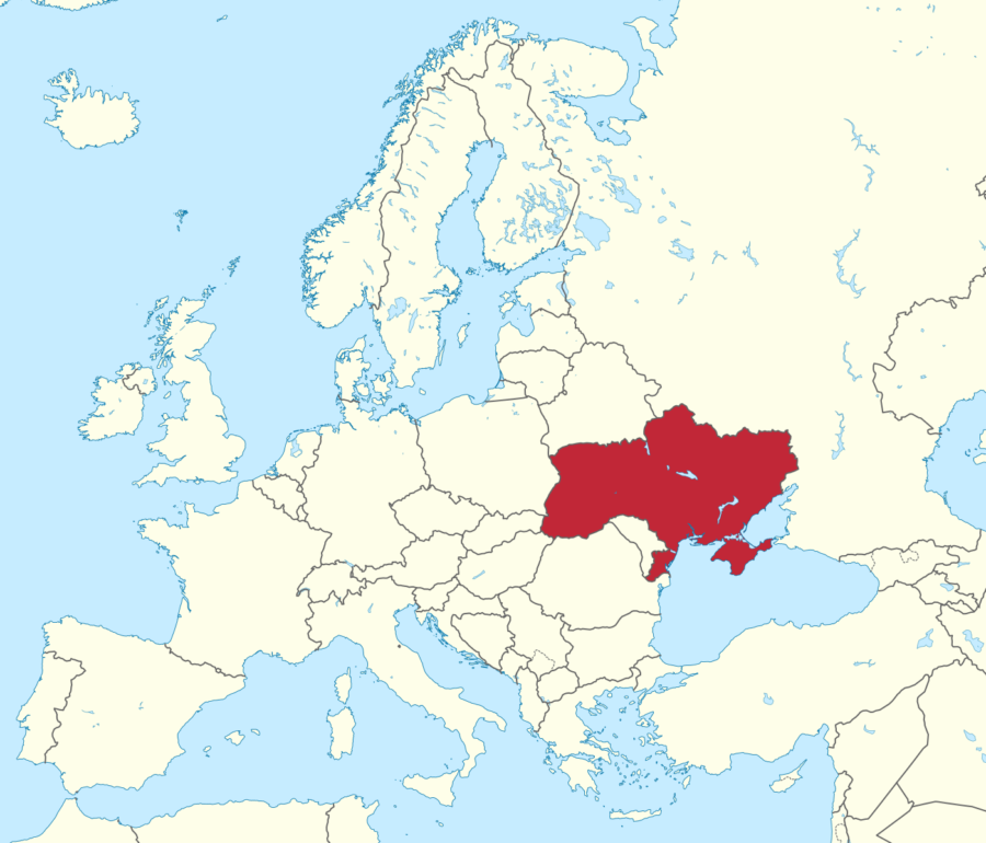 Ukraine highlighted in red on a map of Europe