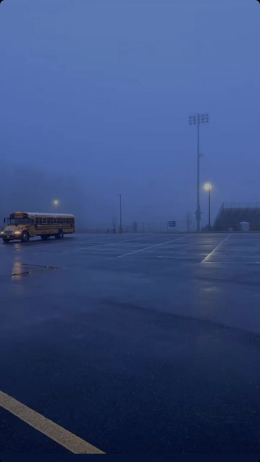 The parking lot of Crofton High School on a rainy morning.