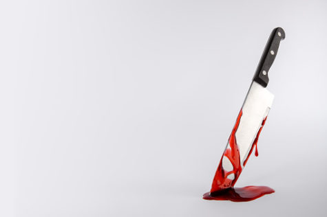 Kitchen knife dripping in blood on light background.