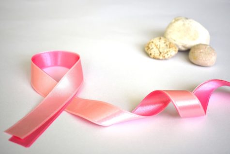 a pink ribbon on a countertop next to a pile of greyish white rocks