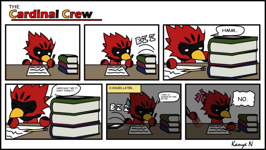 A little red cardinal struggles with time management for his work at Crofton High School.