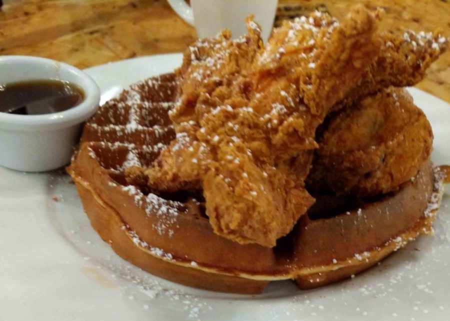 A waffle and chicken