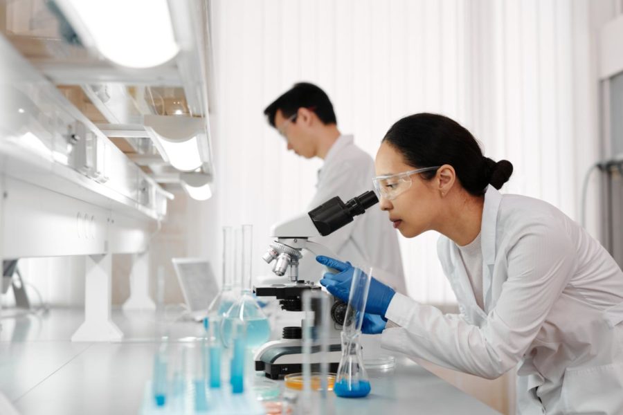 A+woman+examines+something+in+a+microscope+in+a+lab.