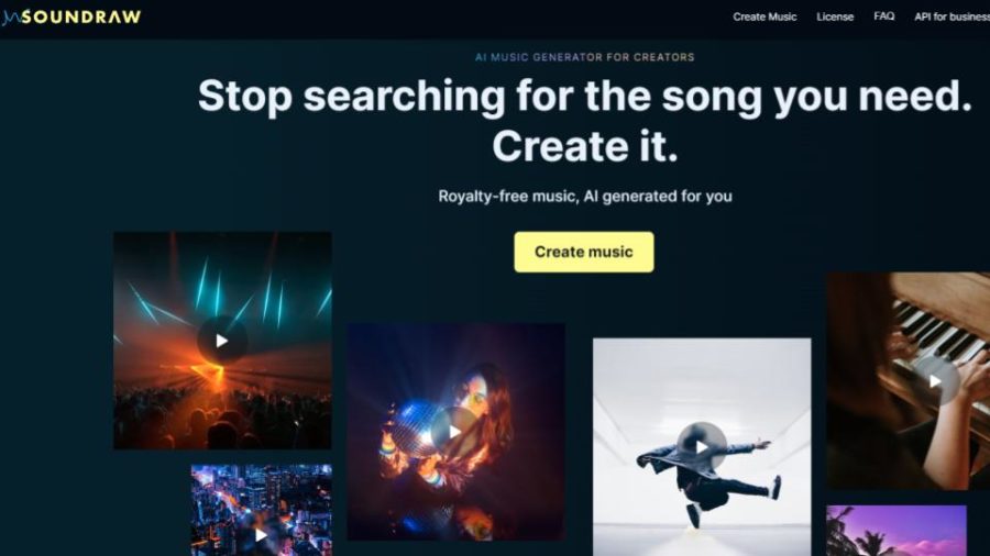 This is a screenshot of Soundraw, a website home page with a series of pictures and the text Stop Searching for the Song You Need. Create it. Royalty Free Music, AI Generated for You