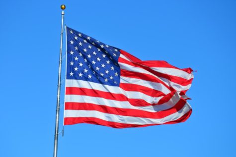 A picture of an American flag waving in the breeze.