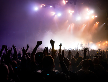 Fans enjoying a concert with flashy lights